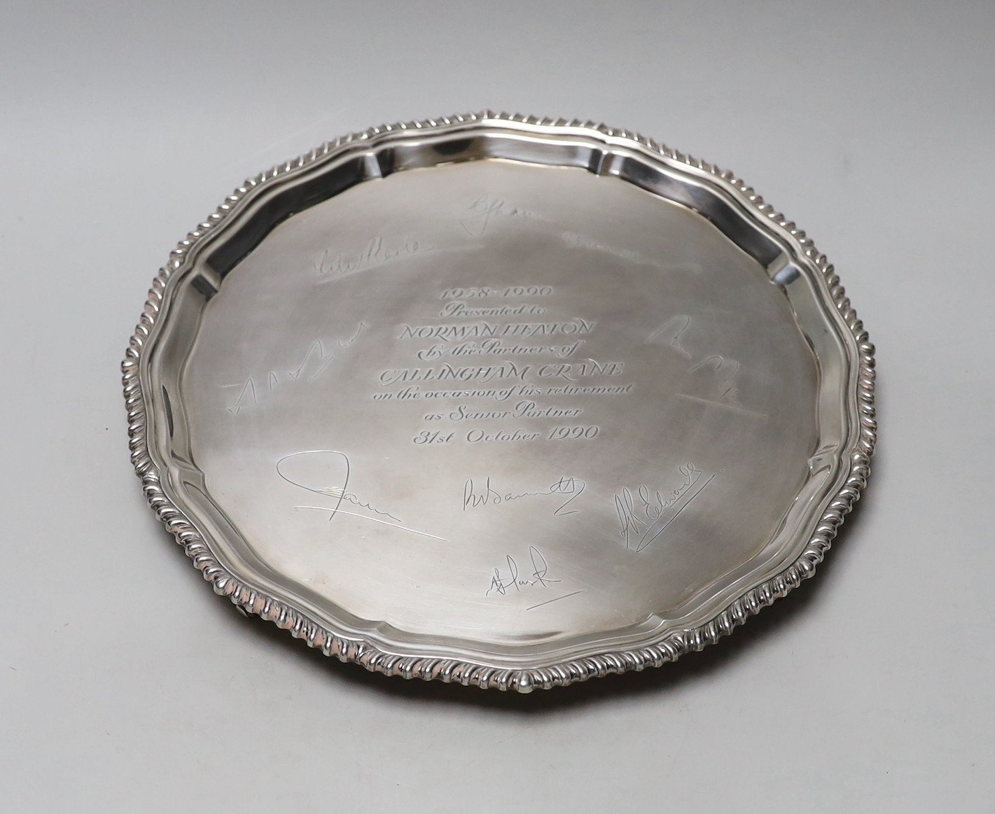 An Elizabeth II silver salver, with engraved signatures and inscription, C.J. Vander Ltd, London, 1990, 31cm, 31.6oz.